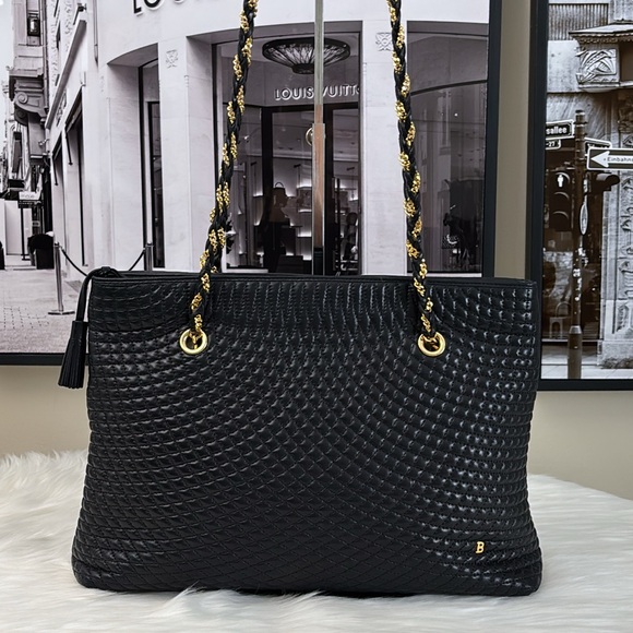 BALLY Quilted Chain Shoulder Bag Leather Black Gold